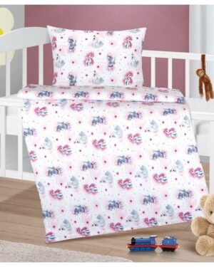 Bellatex Detské bavlnené obliečky do postieľky Beáta Jednorožec ružová, 100 x 135, 45 x 60 cm